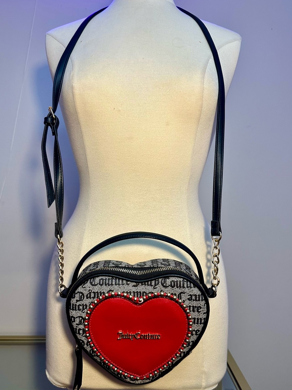 Juicy Couture Heart Love Never Dies Crossbody Bag Red Black Gold Studded Logo